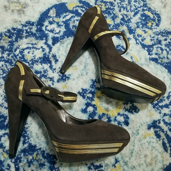 Sergio Rossi Brown Suede Platform Pump Gold Chain - Picture 2 of 10